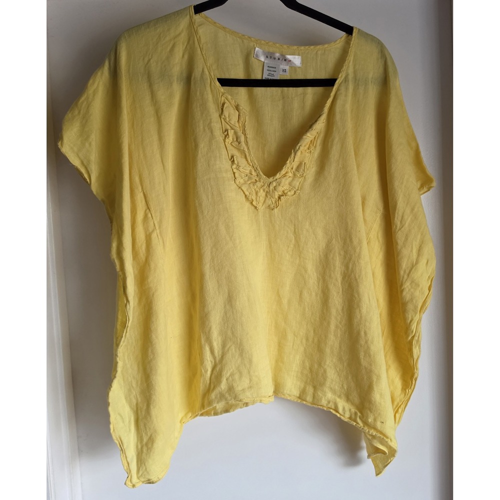 Studio M Linen Blouse XS Yellow V-Neck Sleeveless Solid Top Shirt Tunic